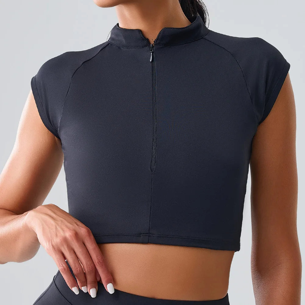 Zipper Short Sleeve Yoga gym Top Black