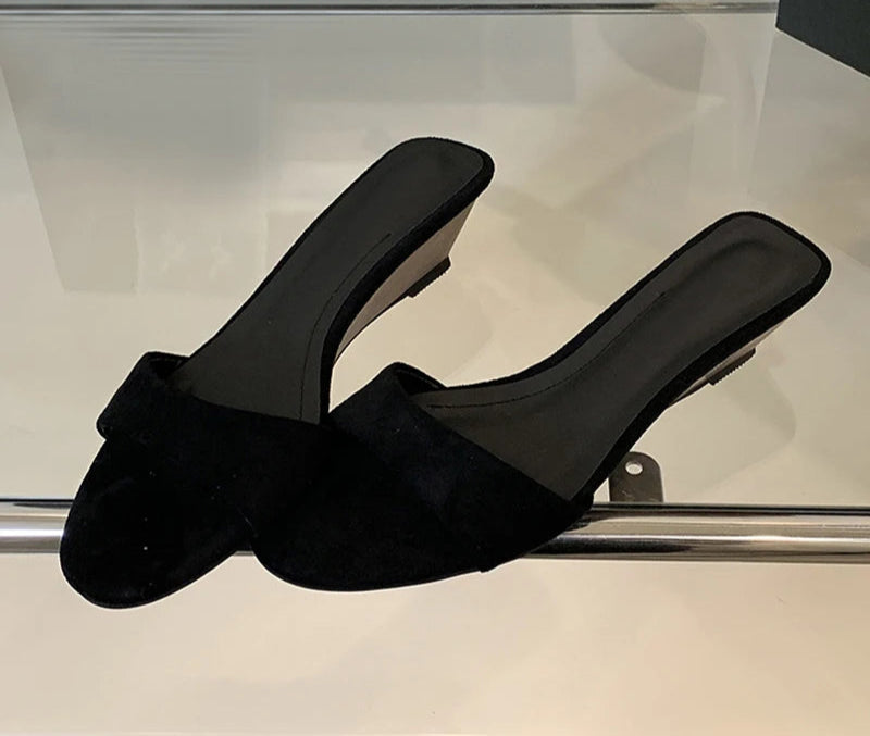 Narrow Band suedette low Wedge Sandals Black