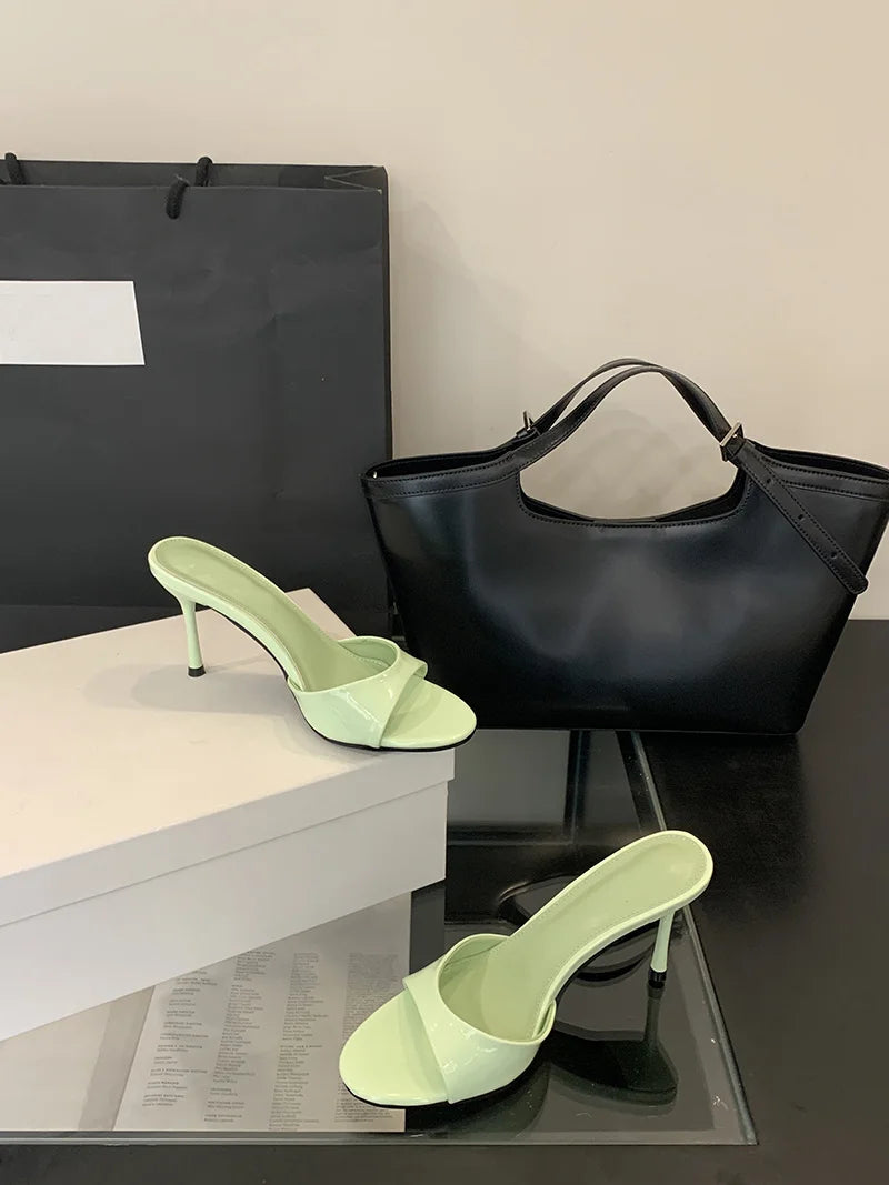 One band Patent Leather Mules High Heel Sandals