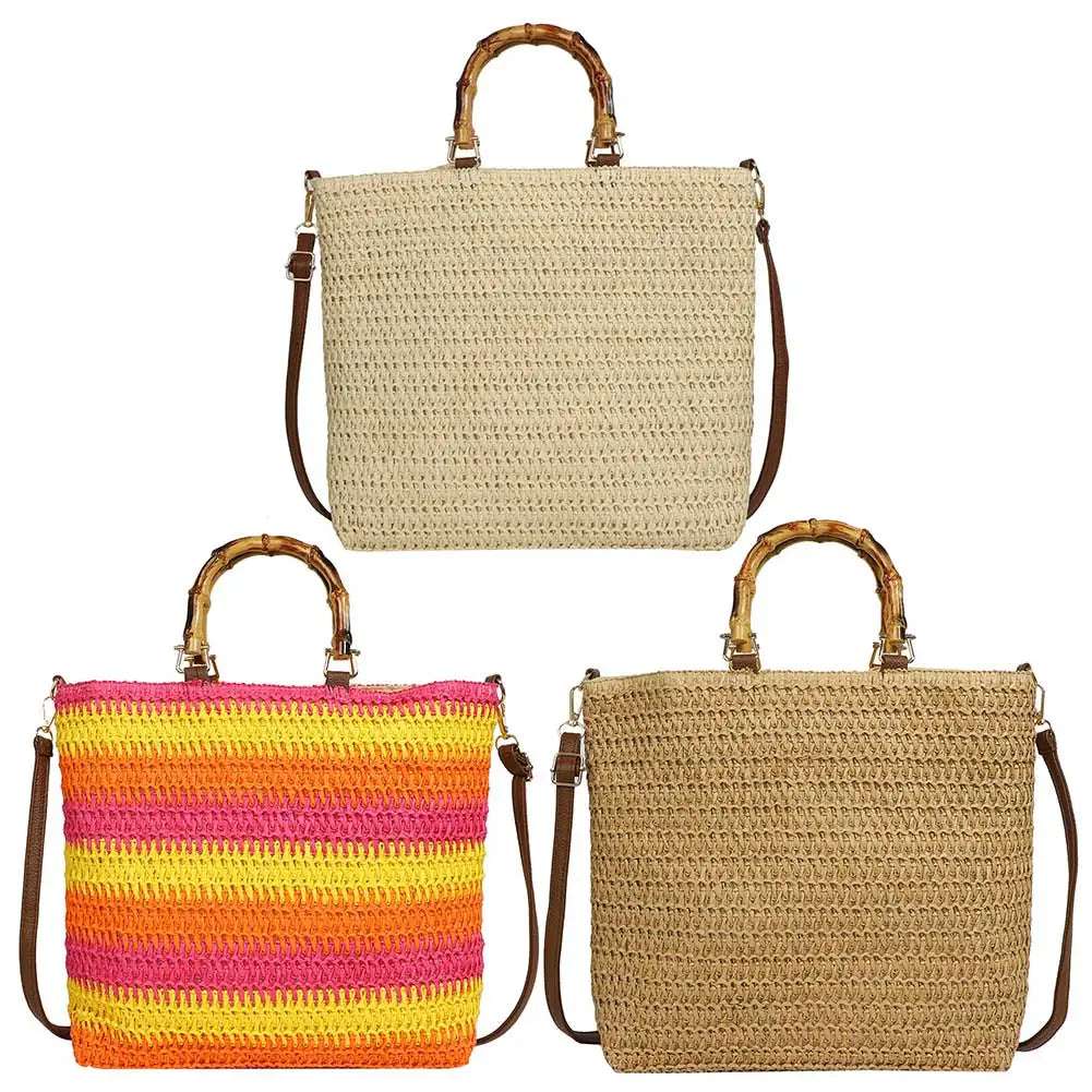 Straw Woven handbag with Bamboo style Handle