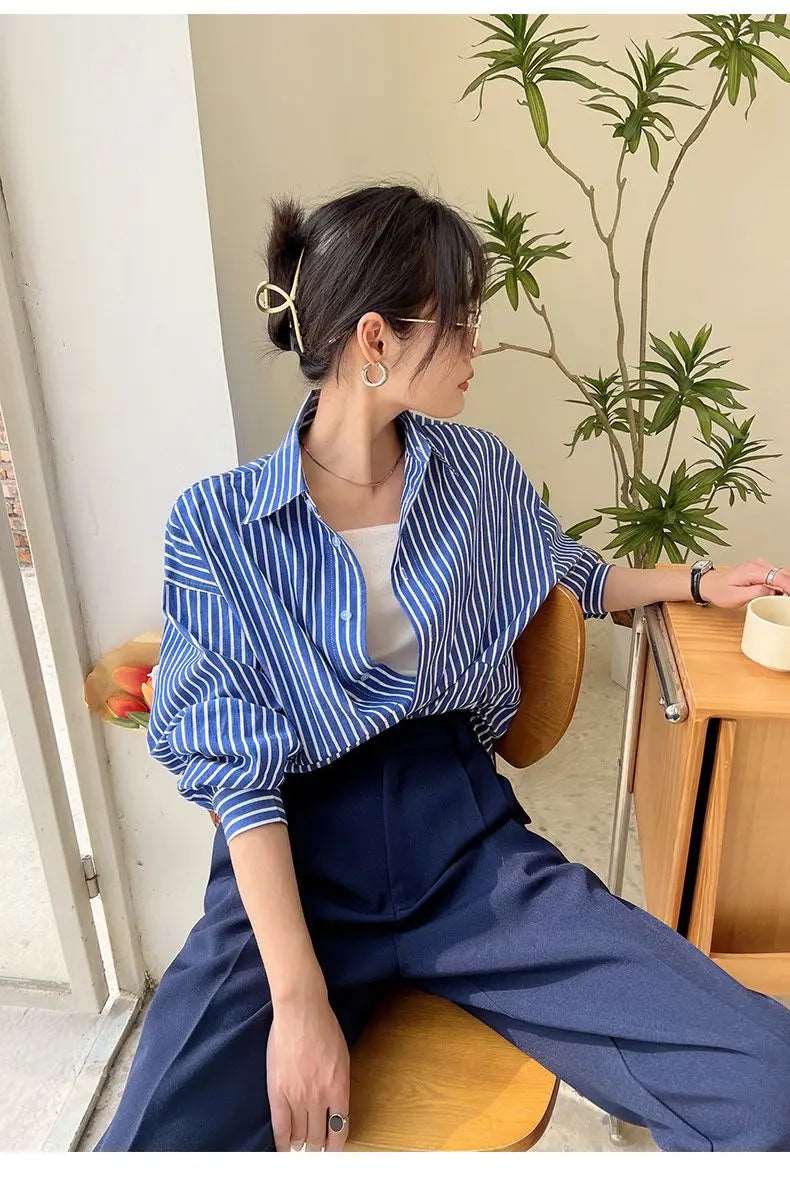 Blue Striped Chiffon Blouse Shirt for Women