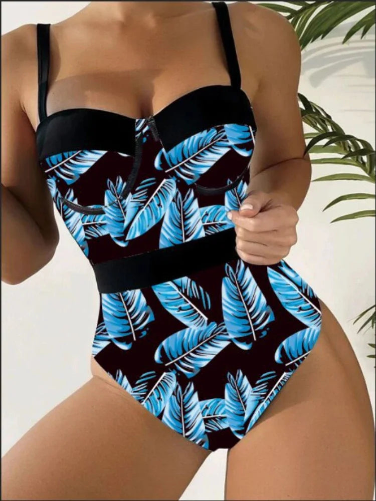 New Sexy belt leaf print Push Up Swimsuit blue