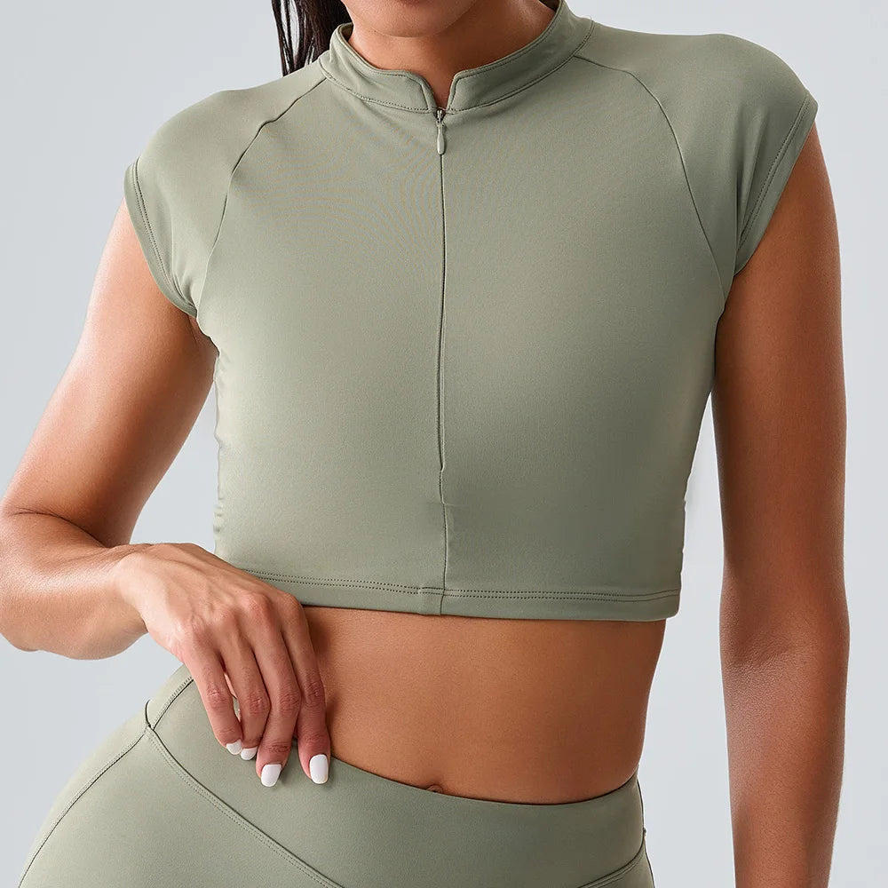 Zipper Short Sleeve Yoga gym Top Forest green