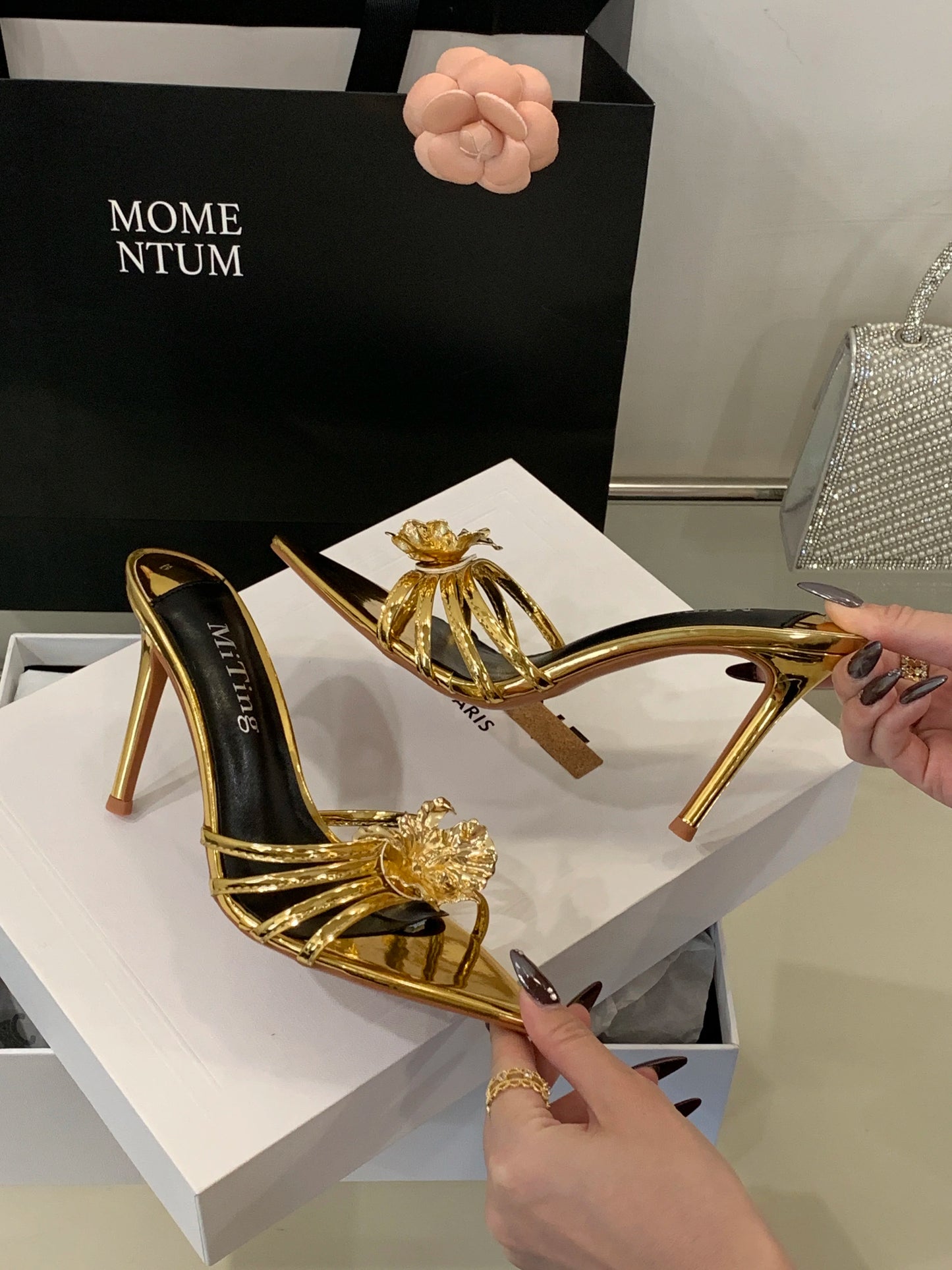 Metal look Flower Open Toe Mule High Heel Sandals