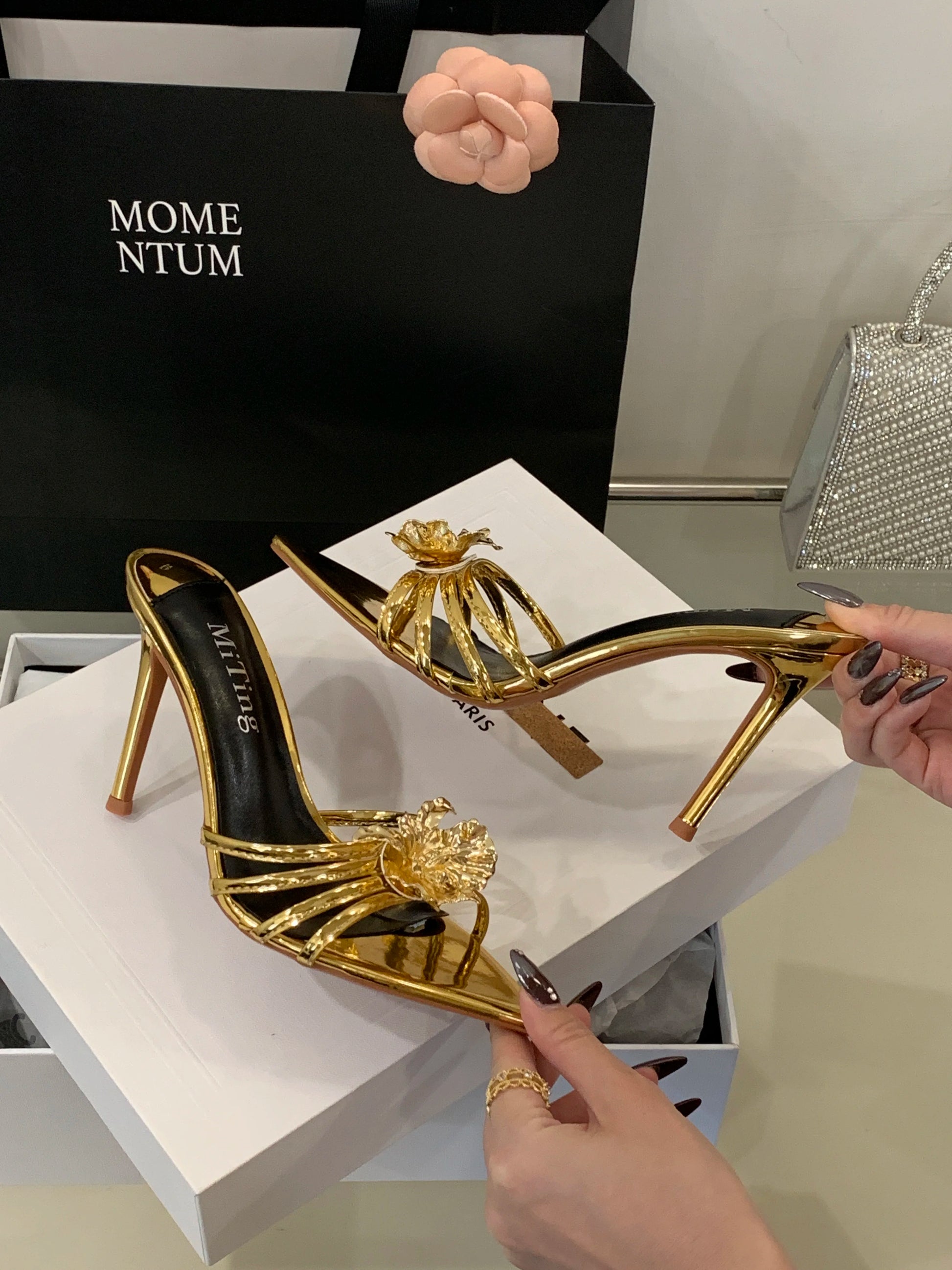 Metal look Flower Open Toe Mule High Heel Sandals