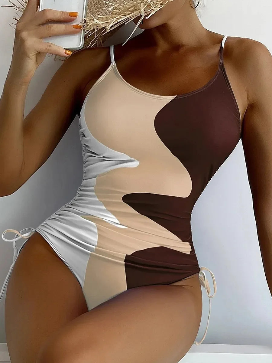 Drawstring One Piece Swimsuit Brown