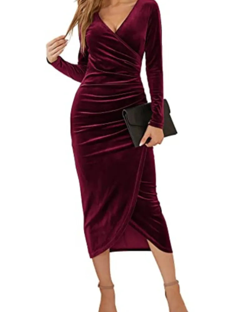 Velvet Bodycon Midi Dress red