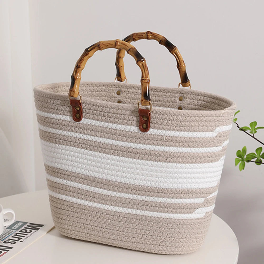 Woven tote Summer Beach Bag with Bamboo style Handle