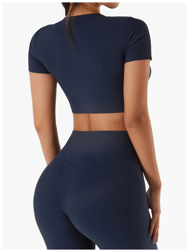 Short Sleeve round neck crop bralette High Waist Leggings Gym Fitness Set