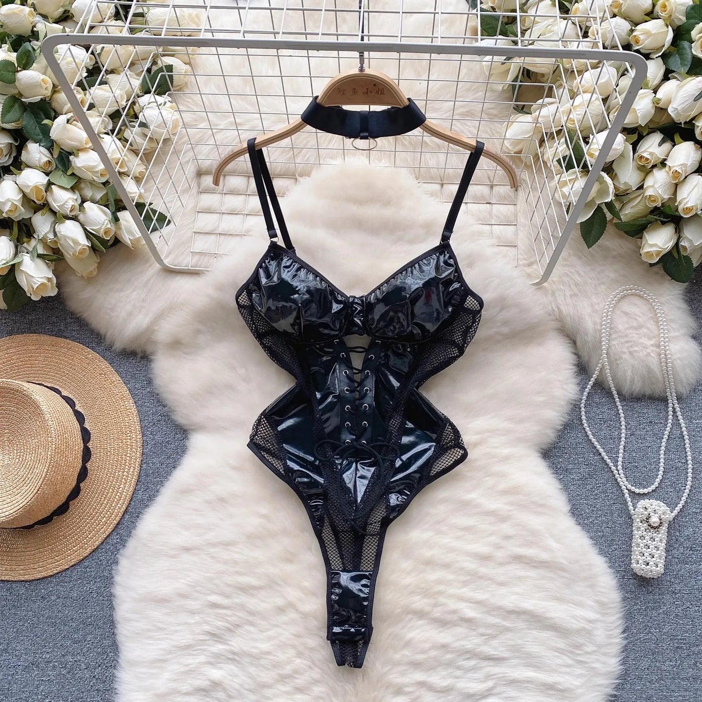 Lace-up PU Hollow One Piece Faux Leather body lingerie