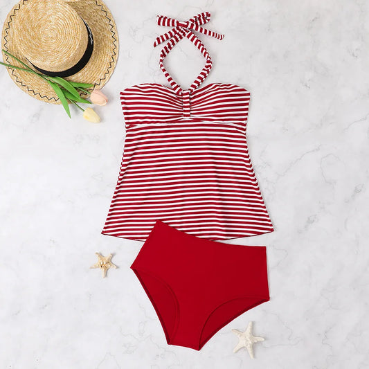 Halter neck Striped Print Tankini Set