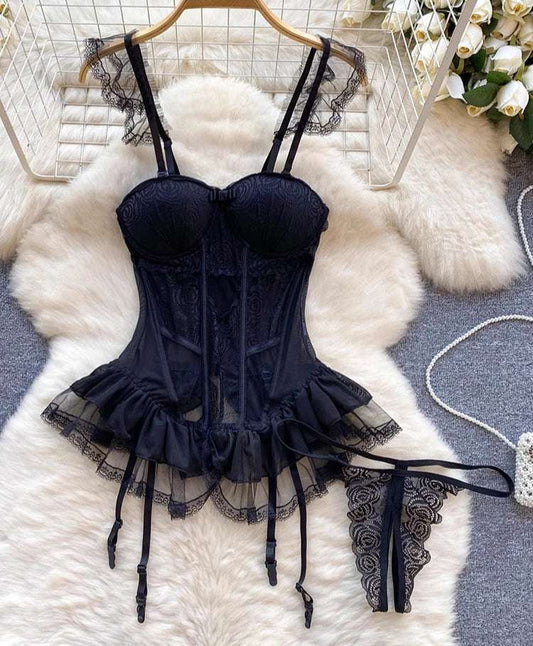 Lace Push Up Two Piece Mesh Lingerie body Black