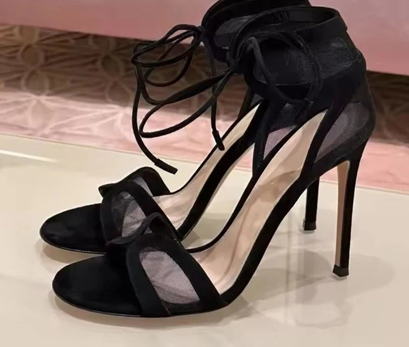 Hollow cut Out Mesh Narrow Band Ankle Strap high heel Sandals