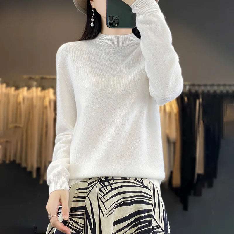 100% Merino Wool Sweater Women Knitwear WHITE CHINA