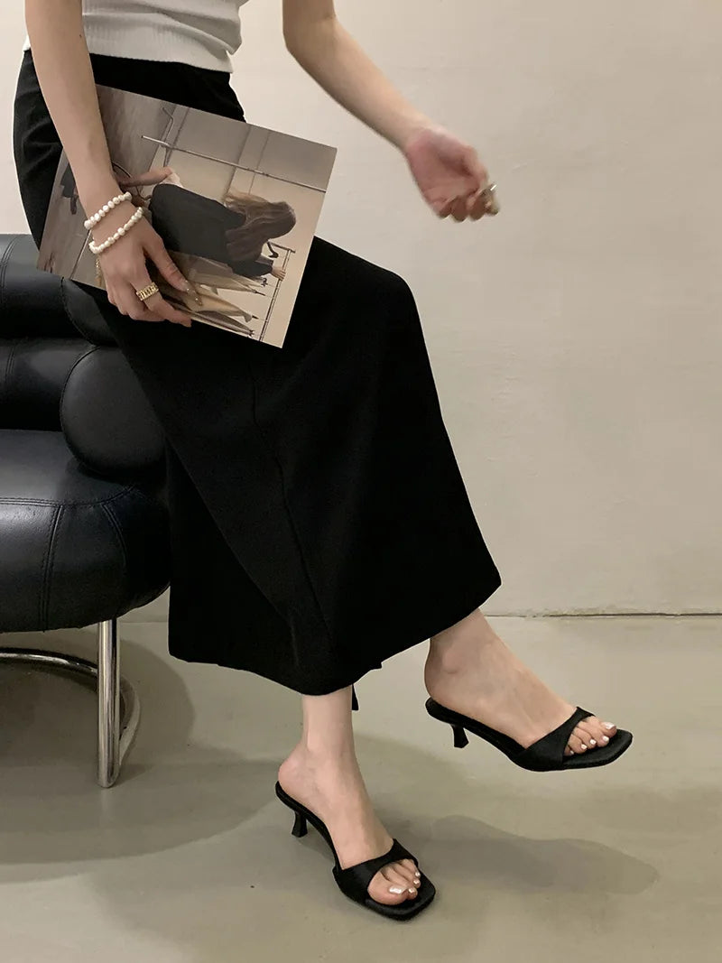 Satin Thin Low Heels Square Toe Mule Sandals