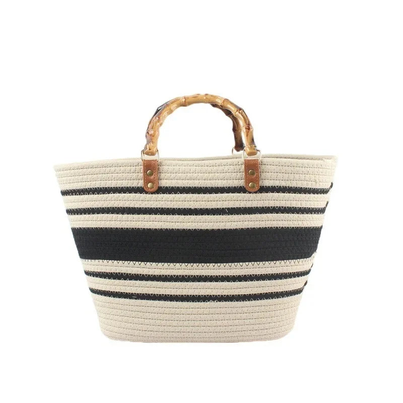 Cotton Rope Woven beach holiday Handbag Beige + Black
