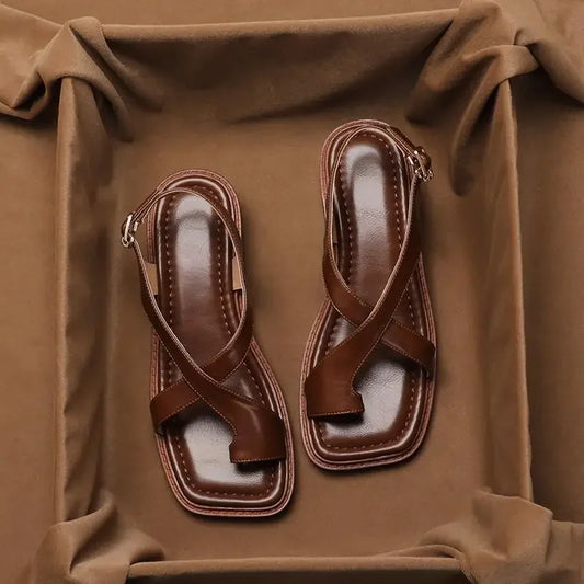 French Retro Brown Toe-Mounted flat Sandals