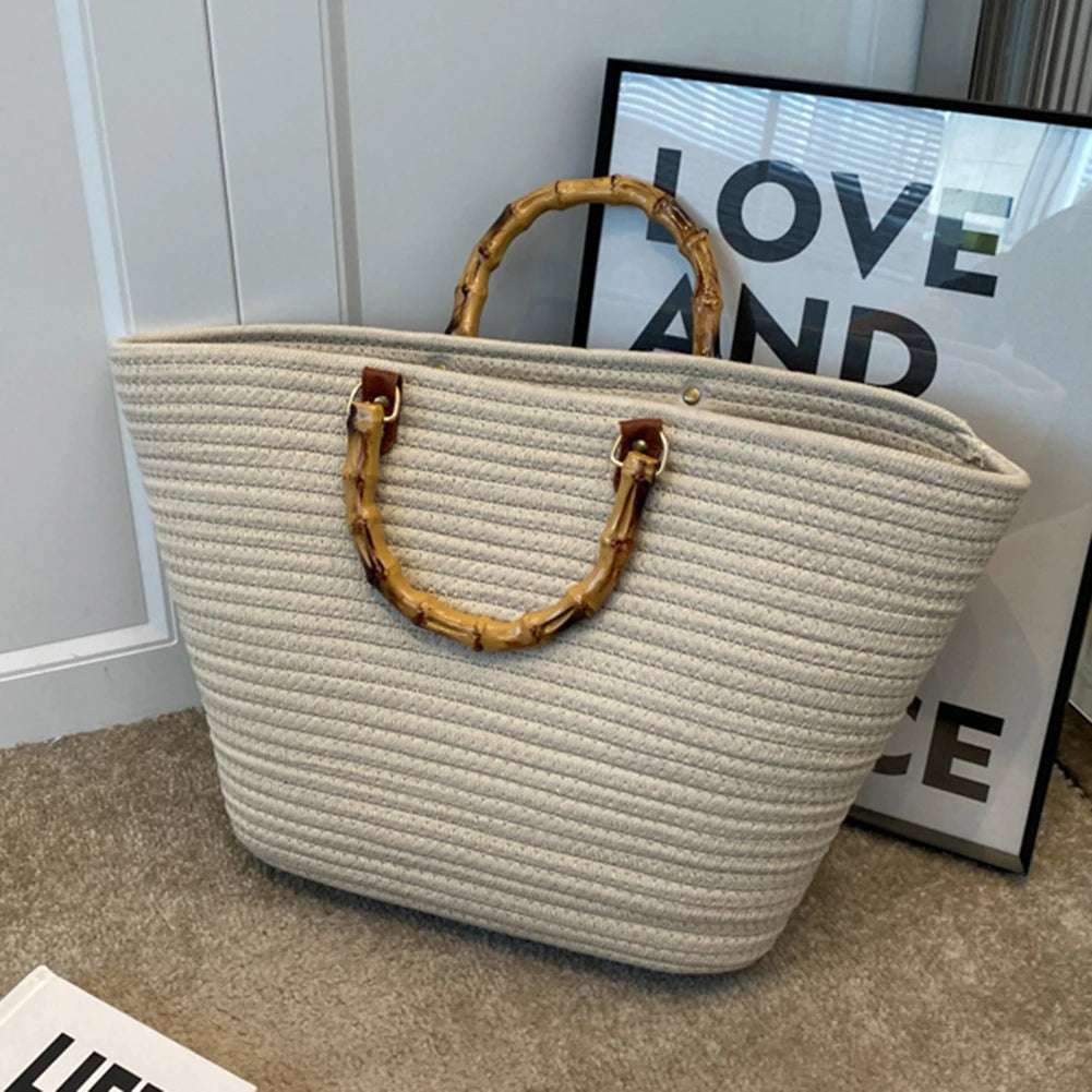 Woven tote Summer Beach Bag with Bamboo style Handle