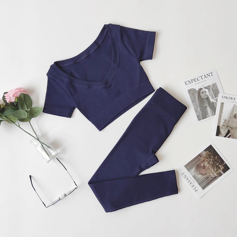 Short Sleeve round neck crop bralette High Waist Leggings Gym Fitness Set Navy