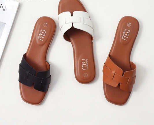 Square Headed PU Flat Sandals