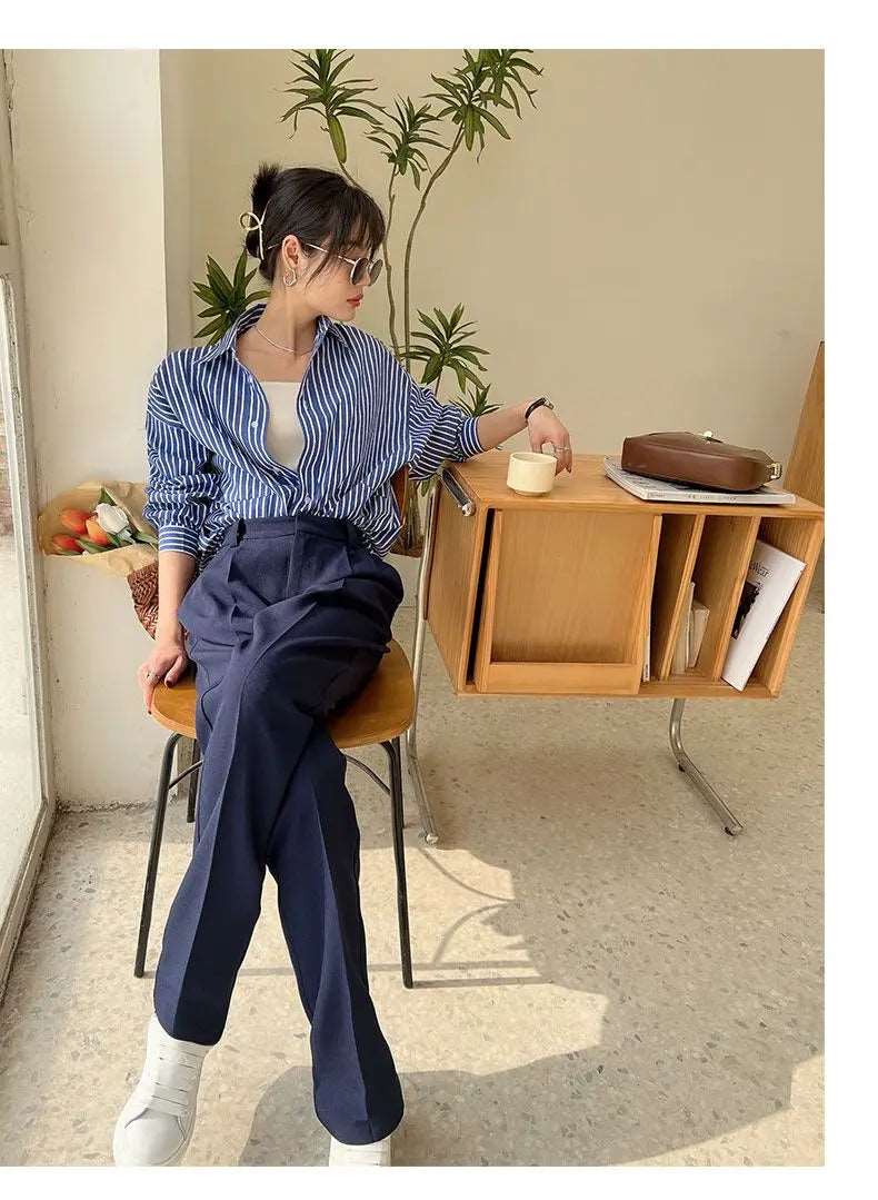 Blue Striped Chiffon Blouse Shirt for Women