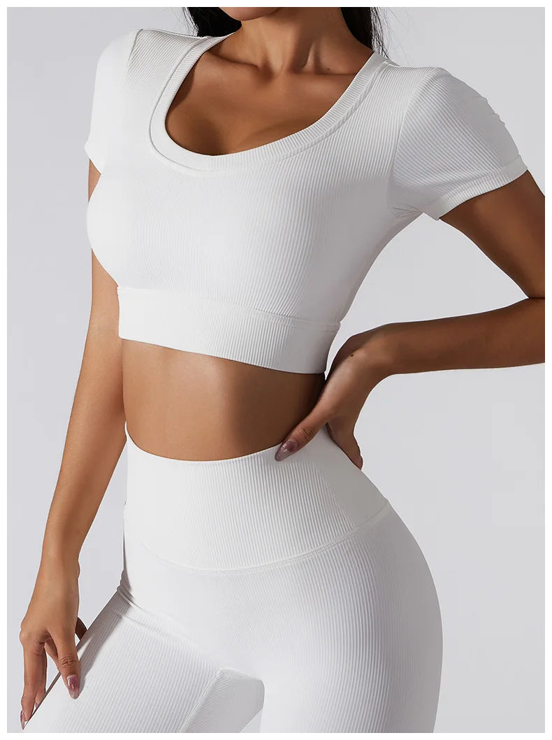 Short Sleeve round neck crop bralette High Waist Leggings Gym Fitness Set