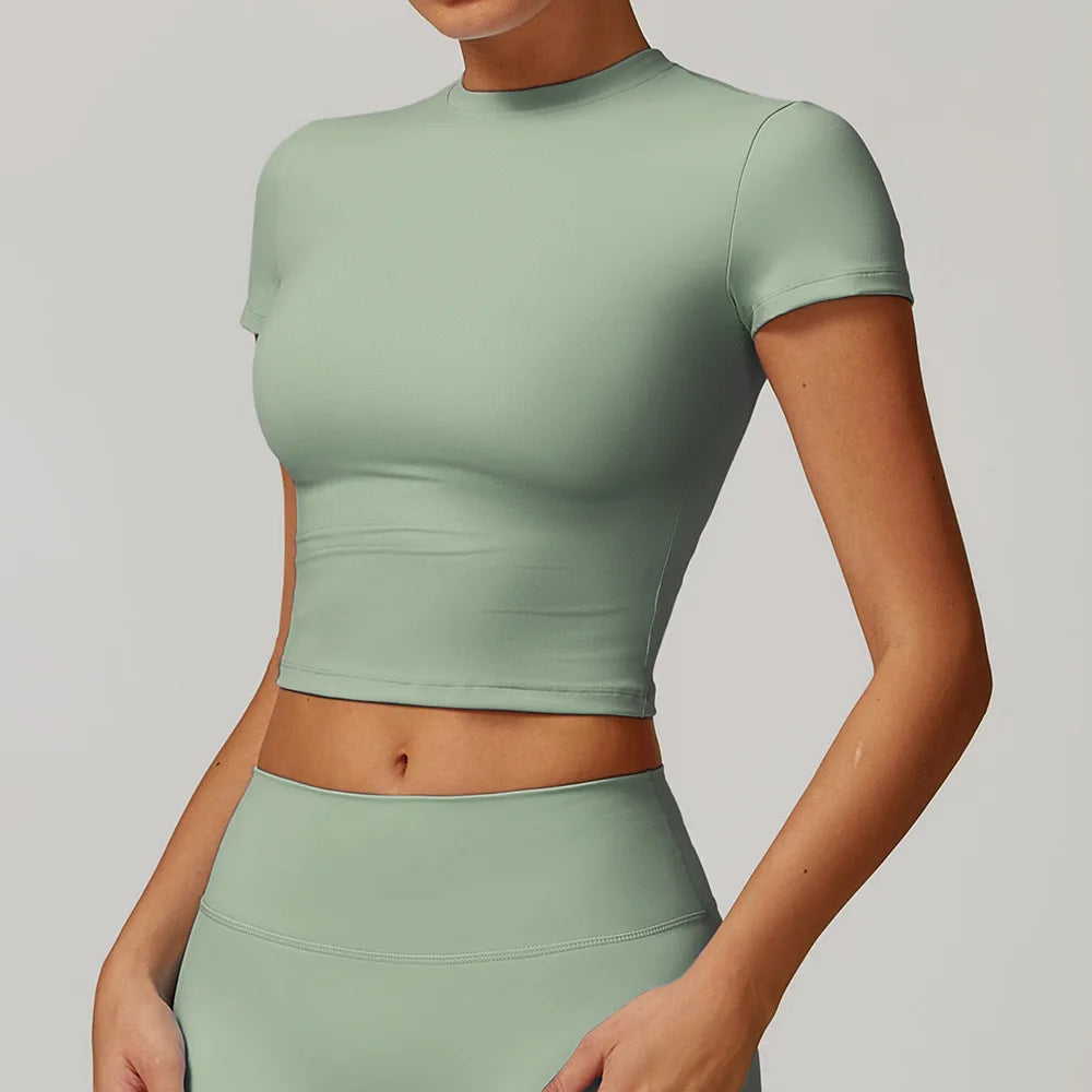 Short Sleeve round neck Yoga Gym Top Basil green
