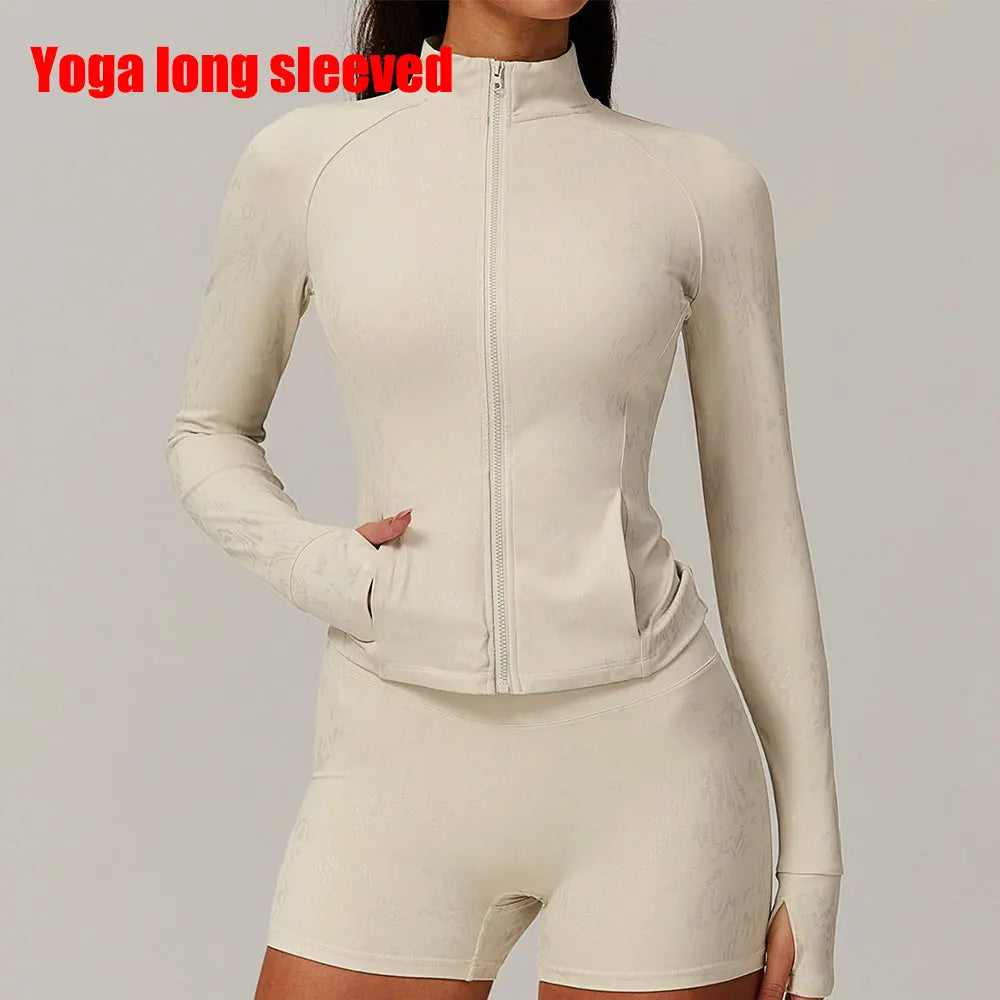 Zipper Long Sleeve Gym Workout Quick Dry Fitness Jacket Shallow Apricot