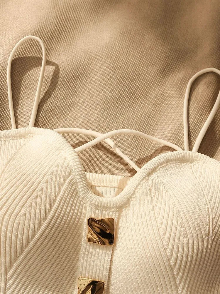 Women's gold buttons straps knitted Top