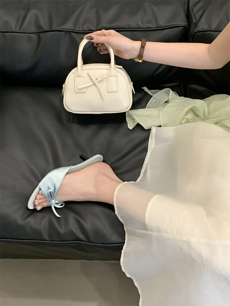 Butterfly-kont Pleated Thin Low Heels Satin kitten heel sandals