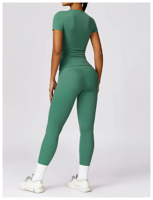 Short sleeve round neck Crop & High Waist Leggings set