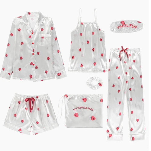 Spring Summer 7 Pcs satin Pajamas Set 88883 bai cao mei