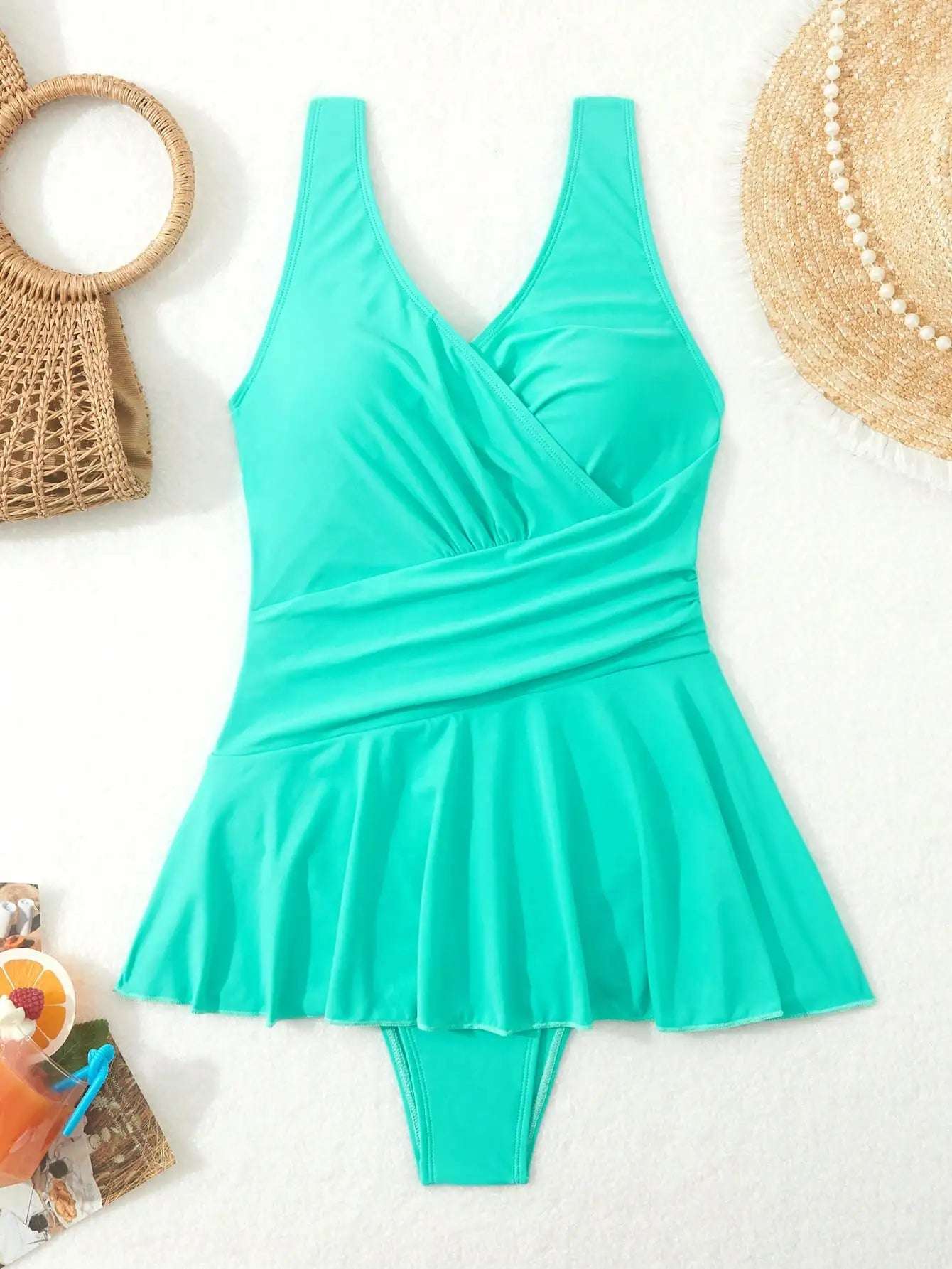 One Piece ruched skirt dress Swimsuit green