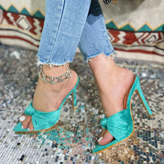 Women Sexy Pointed sole knot detail Green High Heeled sandals Blue