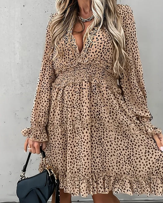 Women Leopard Print V Neck Long Sleeve Party Dress