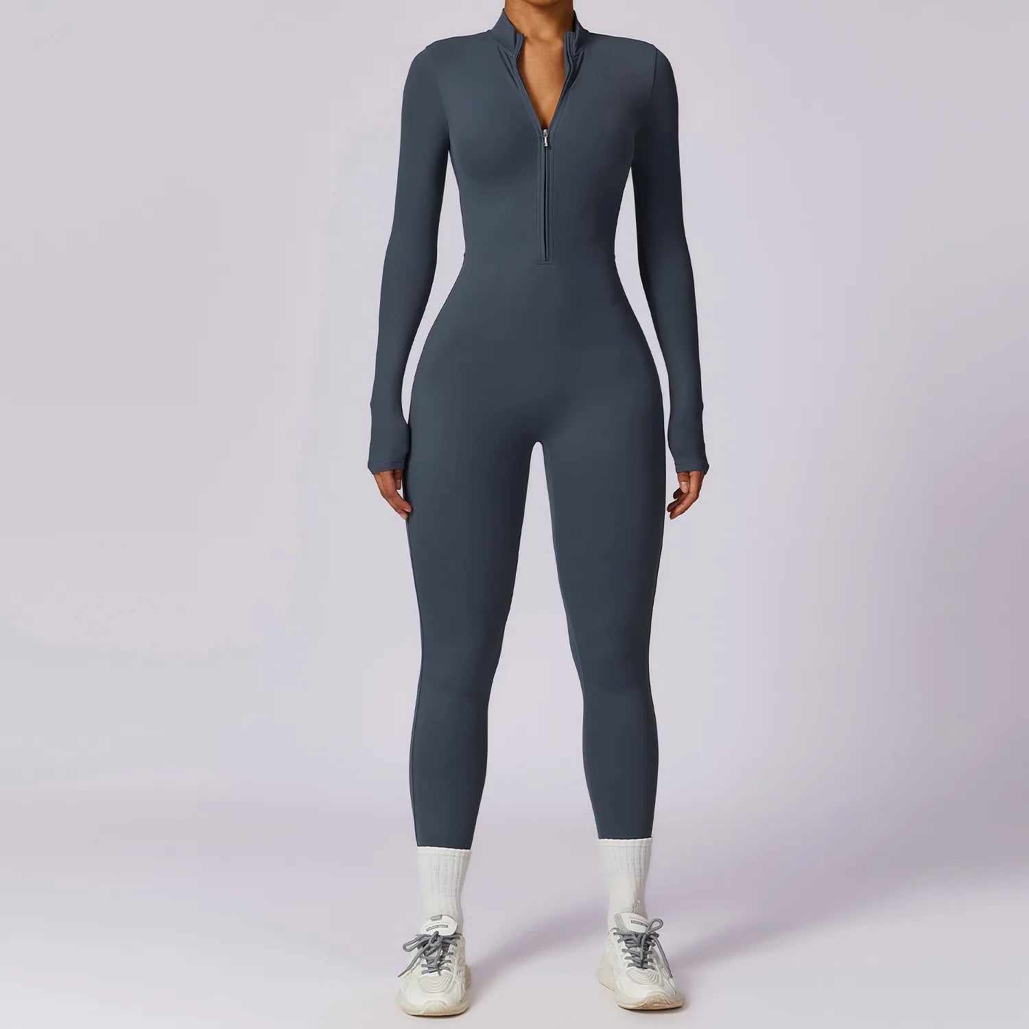 Zipper long sleeve Elastic One-Piece gym workout Bodysuit Dark blue