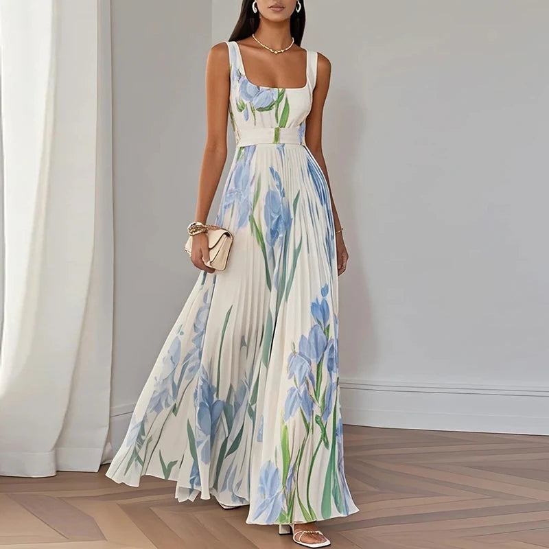 Square Collar sleeveless Floral Print maxi Dress White Blue