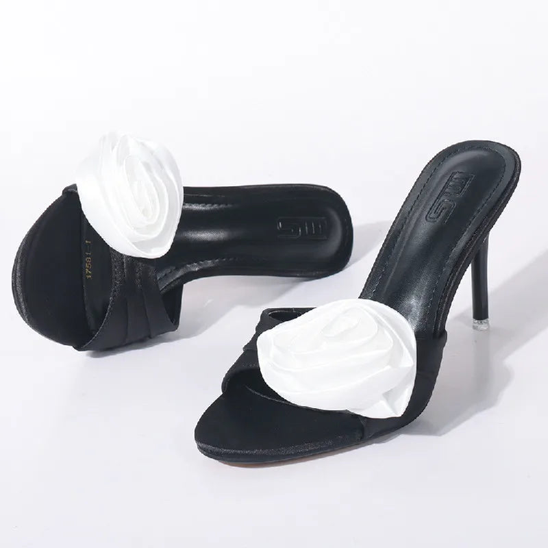 Satin Flower Design High Heeled Open Toe Sandals