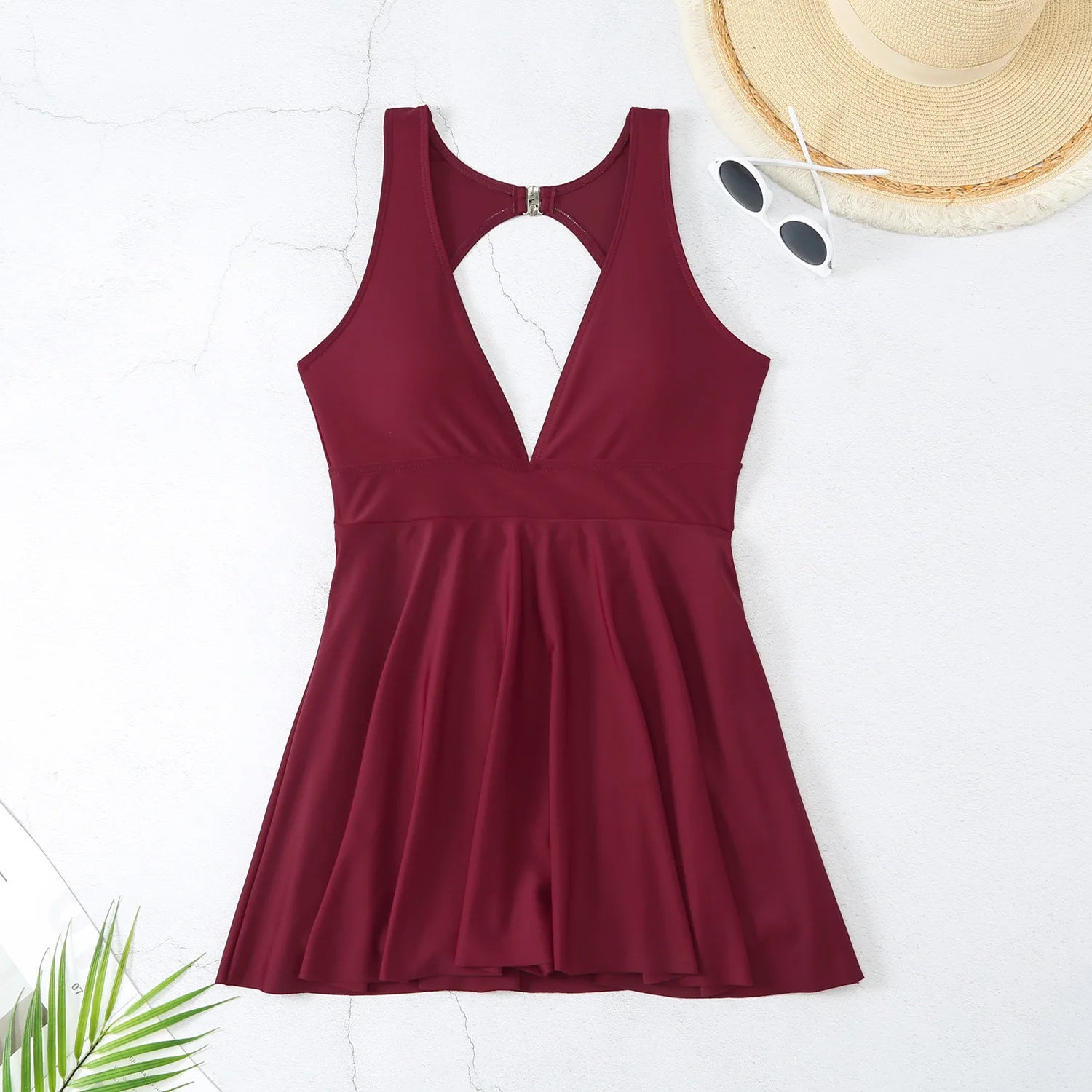 Ruffle plunge One Piece skirt dress Swimsuit wine red