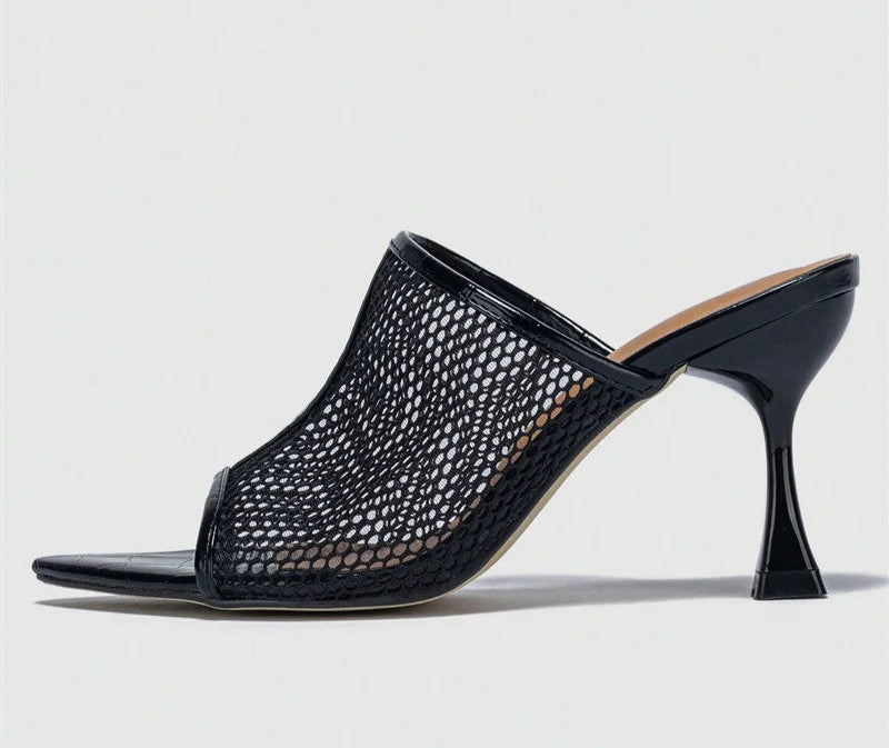 Hollow Out Mesh Black patent Leather Pointed Open Toe High Heel Sandals Black