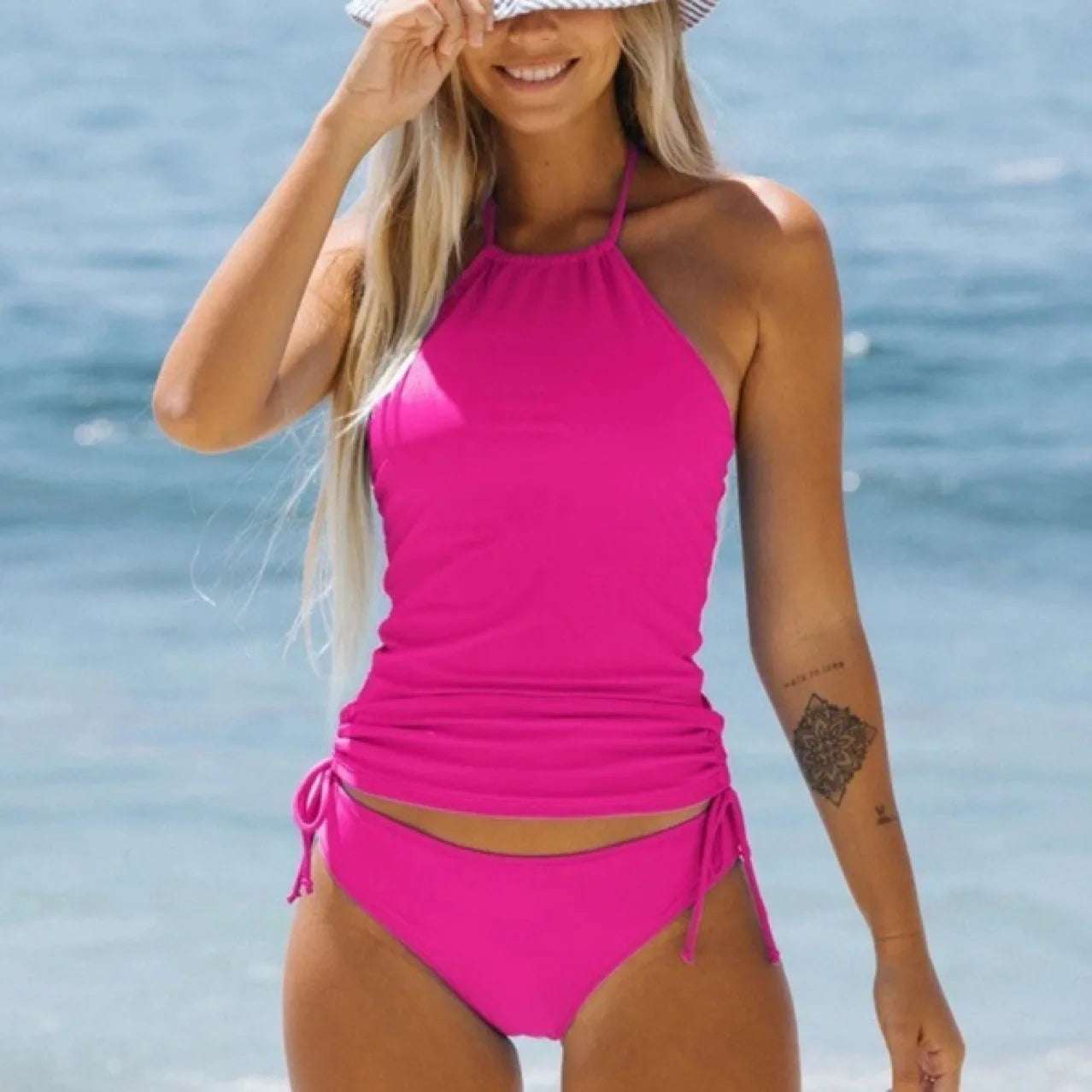 High Neck Two Piece Drawstring Sporty Bathing Suit Pink