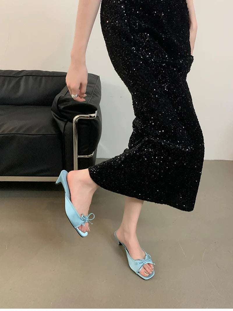 Butterfly-knot kitten heel Open Toe Mules Sandals