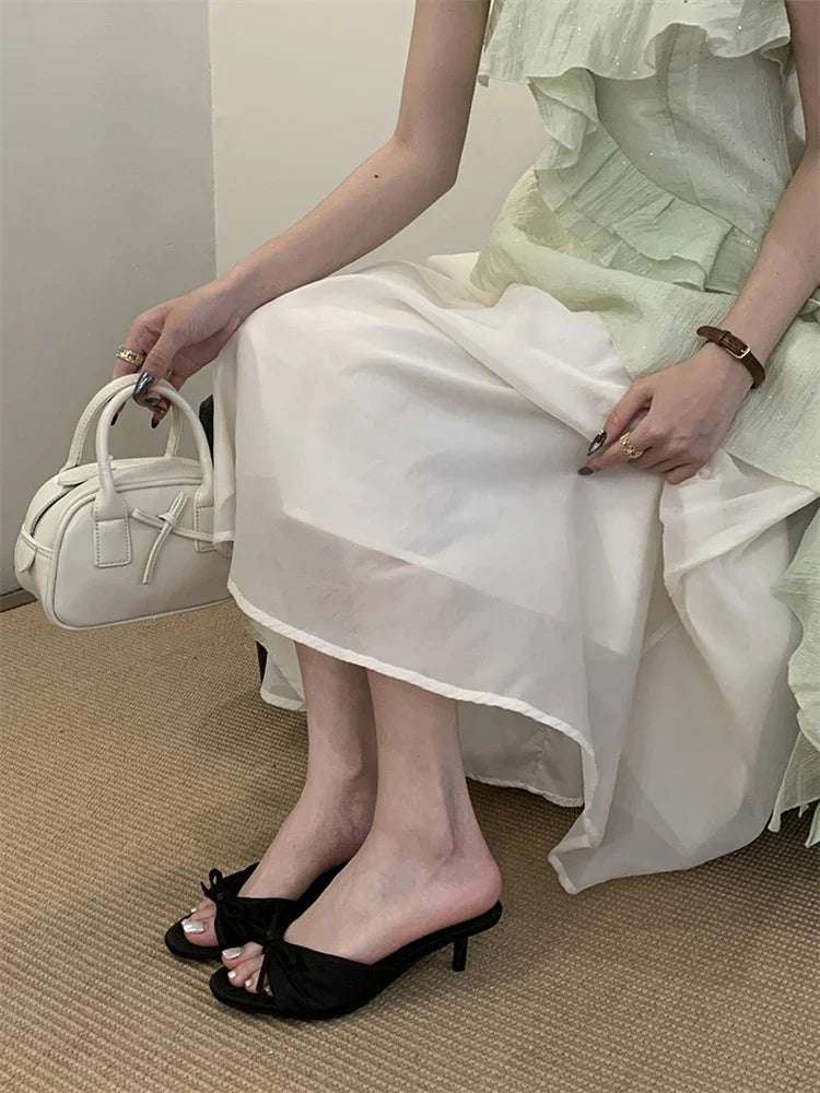 Butterfly-kont Pleated Thin Low Heels Satin kitten heel sandals