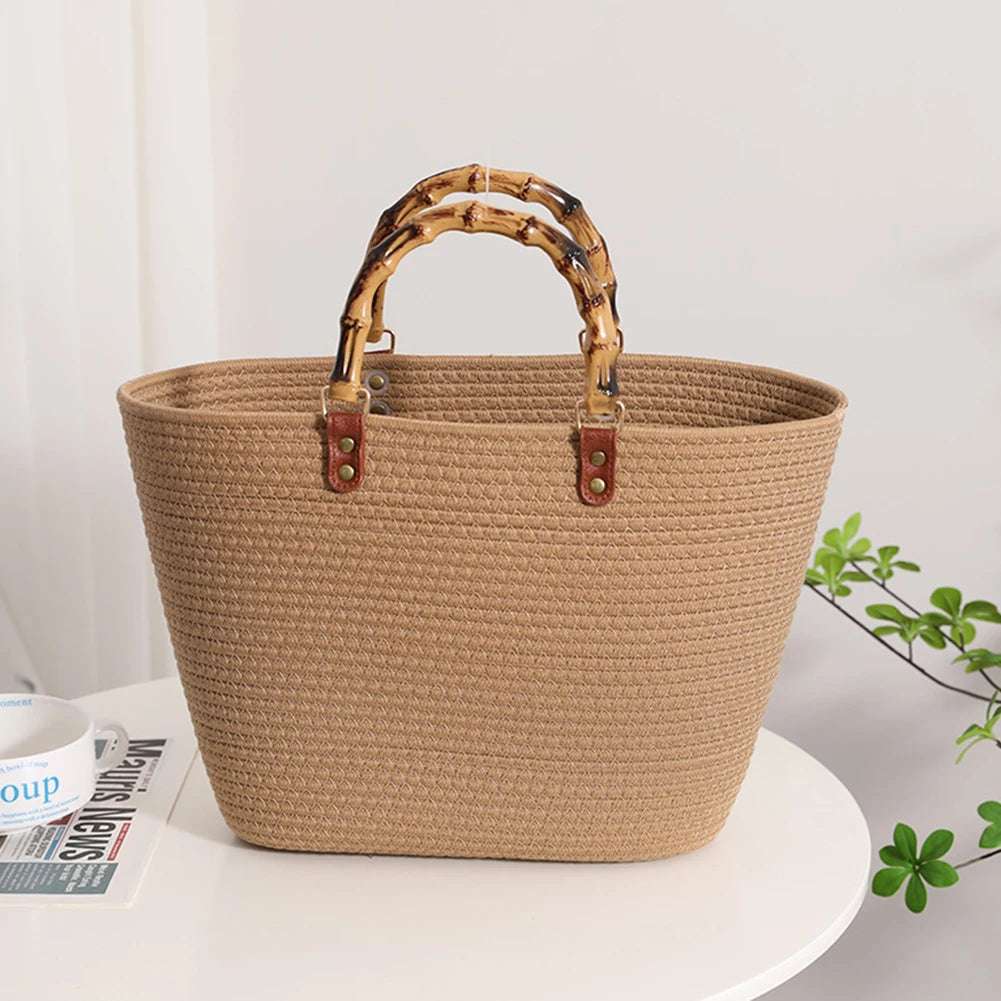 Woven tote Summer Beach Bag with Bamboo style Handle