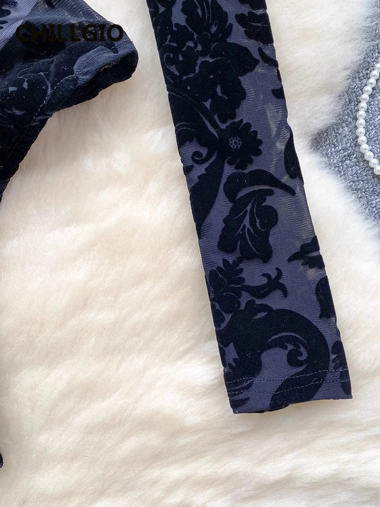 Sexy Lace Print Flock off Shoulder Long Sleeve body suit lingerie