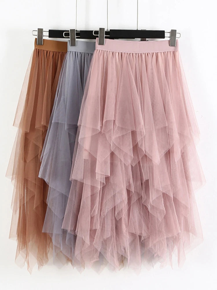Irregular Elastic High Waist Mesh Tulle Skirt