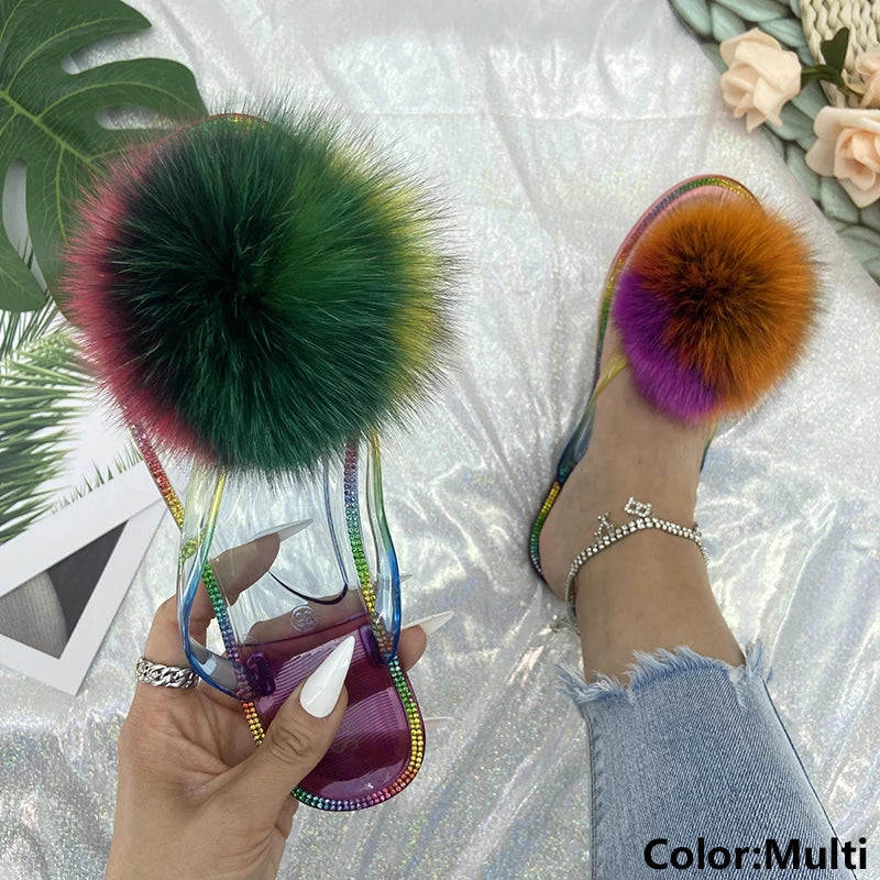 Furry Pom Pom Slipper Sandals Multi