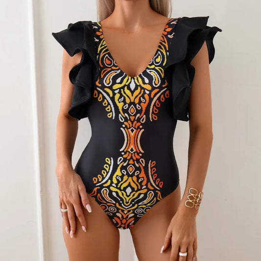 African Print ruffled sleeves One Piece Swimsuit