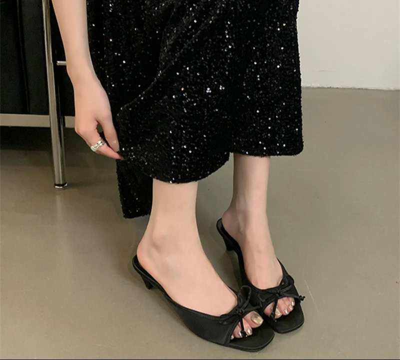 Butterfly-knot kitten heel Open Toe Mules Sandals