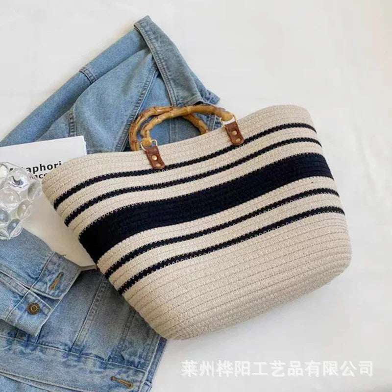 Retro Woven Straw Beach summer Handbag Upper width 16 lower width 28 height 30 White with Stripes